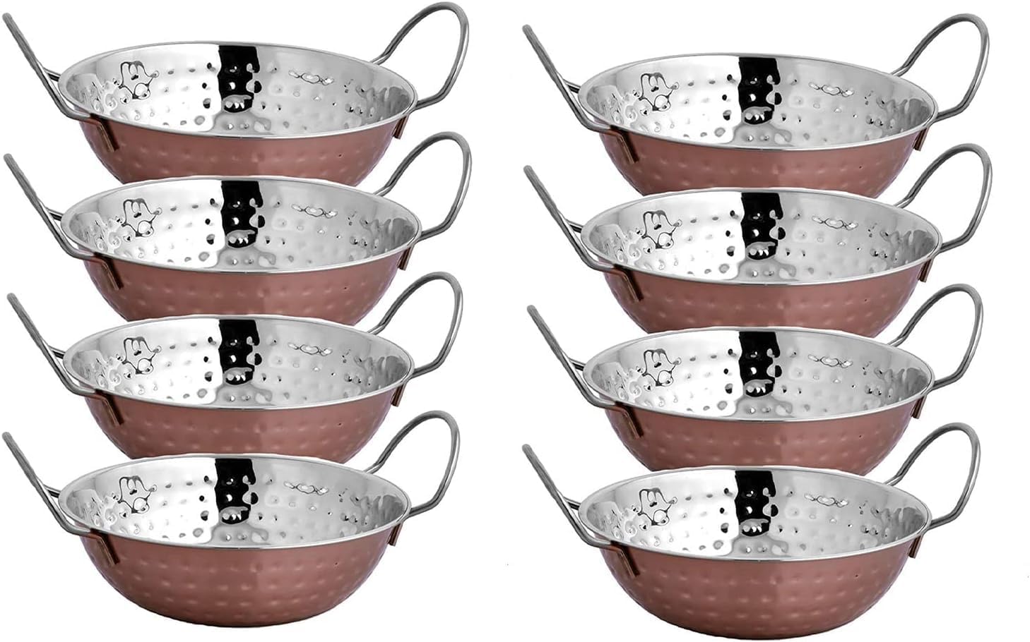 Set of 8 Indian Copper Balti Dishes 17cm Traditional Curry Bowls with Handles Handcrafted Copper Pots for Indian Food & Restaurant Serving