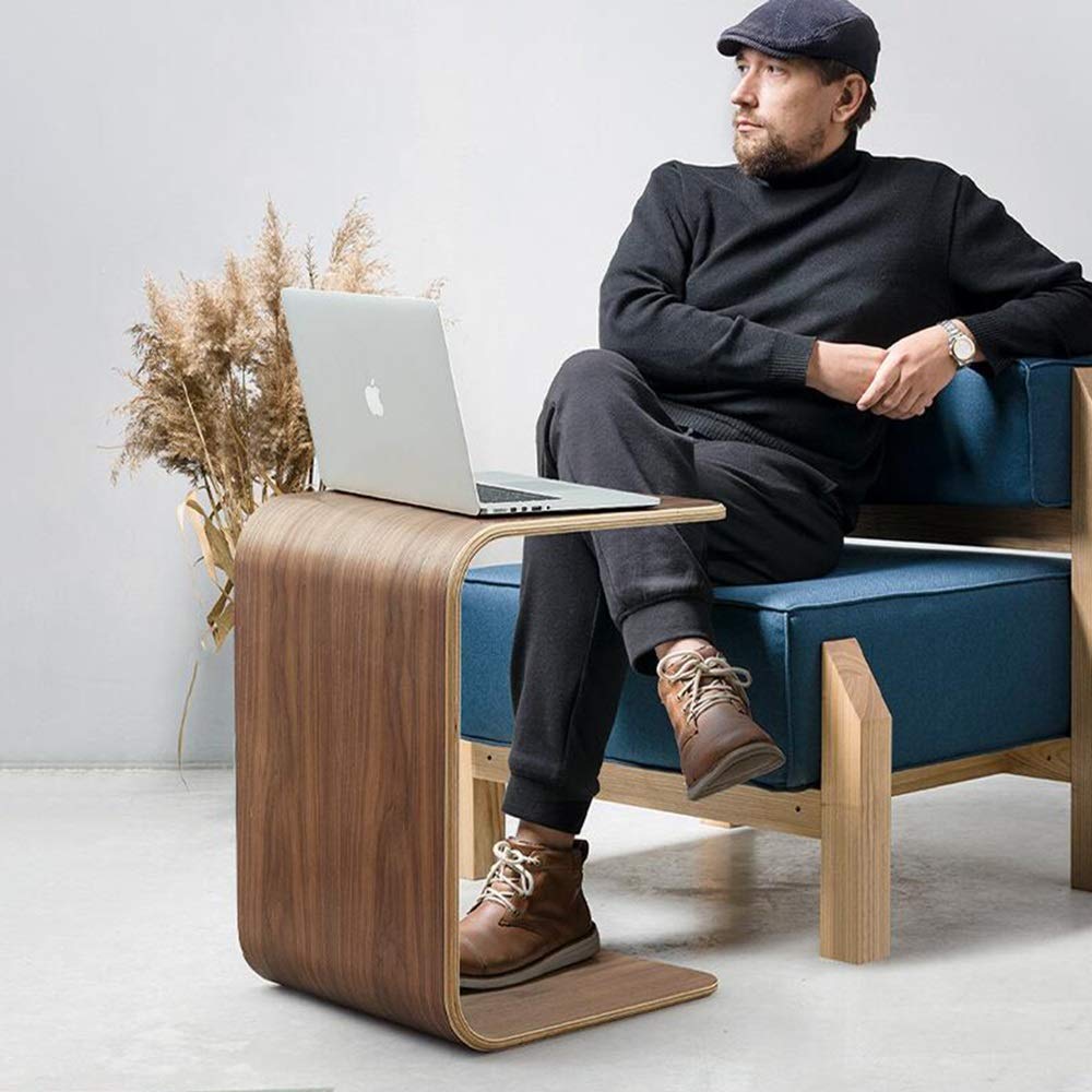 U-Shaped Side Table, Natural Edge End Table, Wood Side Table, Solid Wood End Table for Couch, C Shaped Mini Sofa Side Table for Small Narrow Spaces, Sofa Laptop Side Table, 3 Colors(Walnut)