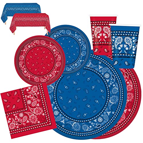 Oojami 24 Guest Red & Blue Bandana Western Party Supplies – Complete Pack with 9