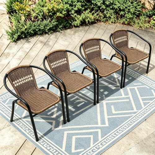 Image of 4 Stackable Wicker Patio Chairs, Weather-Resistant Outdoor Seating, Ideal for Balcony Porch Lawn & Small Patio Furniture Set Decor, Brown
