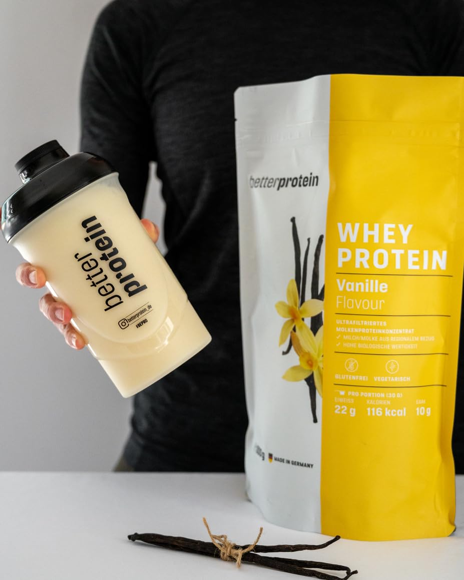 Whey Protein - Vanille 1 kg - Produziert in Deutschland aus regionaler Milch - BetterProtein® - Eiweißpulver zum Muskelaufbau und Abnehmen - Beutel