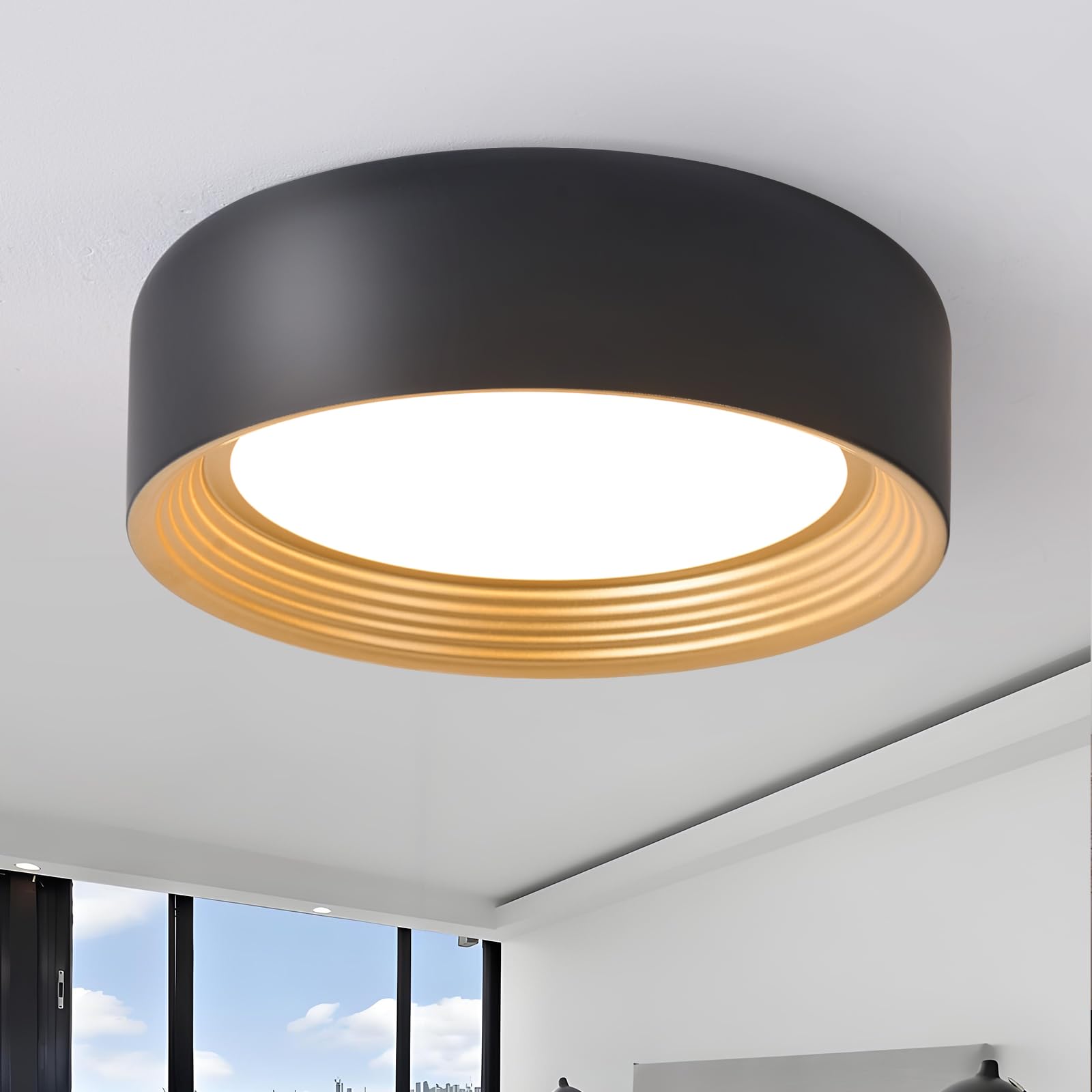 Suenigle Dimmable Modern LED Flush Mount Ceiling Light,11.8 Inch 5CCT 24W/3000K-6000K,Minimalist Round Black and Gold Close to Ceiling Lighting