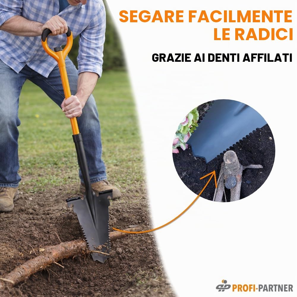 Vanga con sega a radice – Punta in acciaio al carbonio con denti affilati, manico in vetro febbre, chiave combinata integrata e apribottiglie, 114 cm, smontabile, arancione e nero