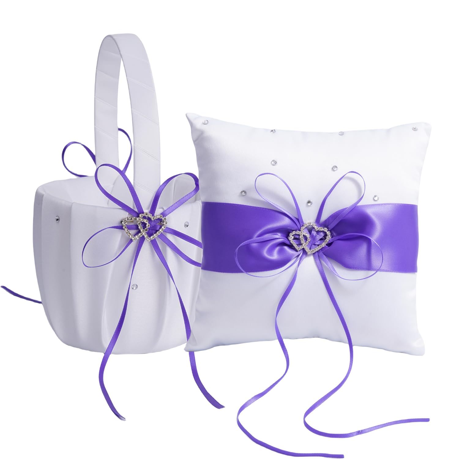 QIRMIZI Ringkissen und Blumenmädchenkorb Set - verziert mit Perlen-Strasssteinen, weißer Satin, Violett