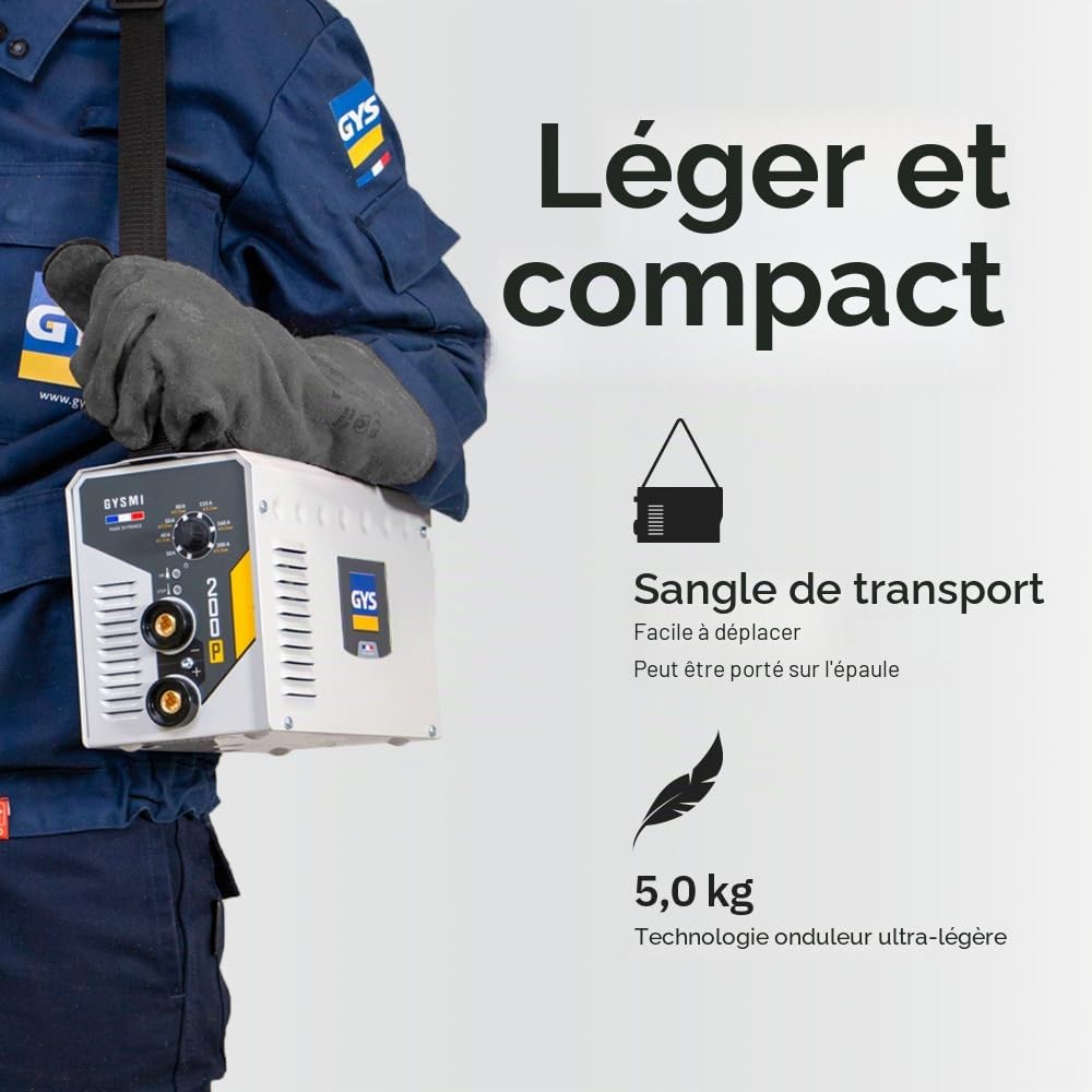GYS, GYSMI 200P, Poste à Souder à l'Électrode Enrobée 200A Monophasé 230V (MMA), Arc Force, Antisticking, Hot Start, Avec Valise, Porte-électrode, Câble de Masse