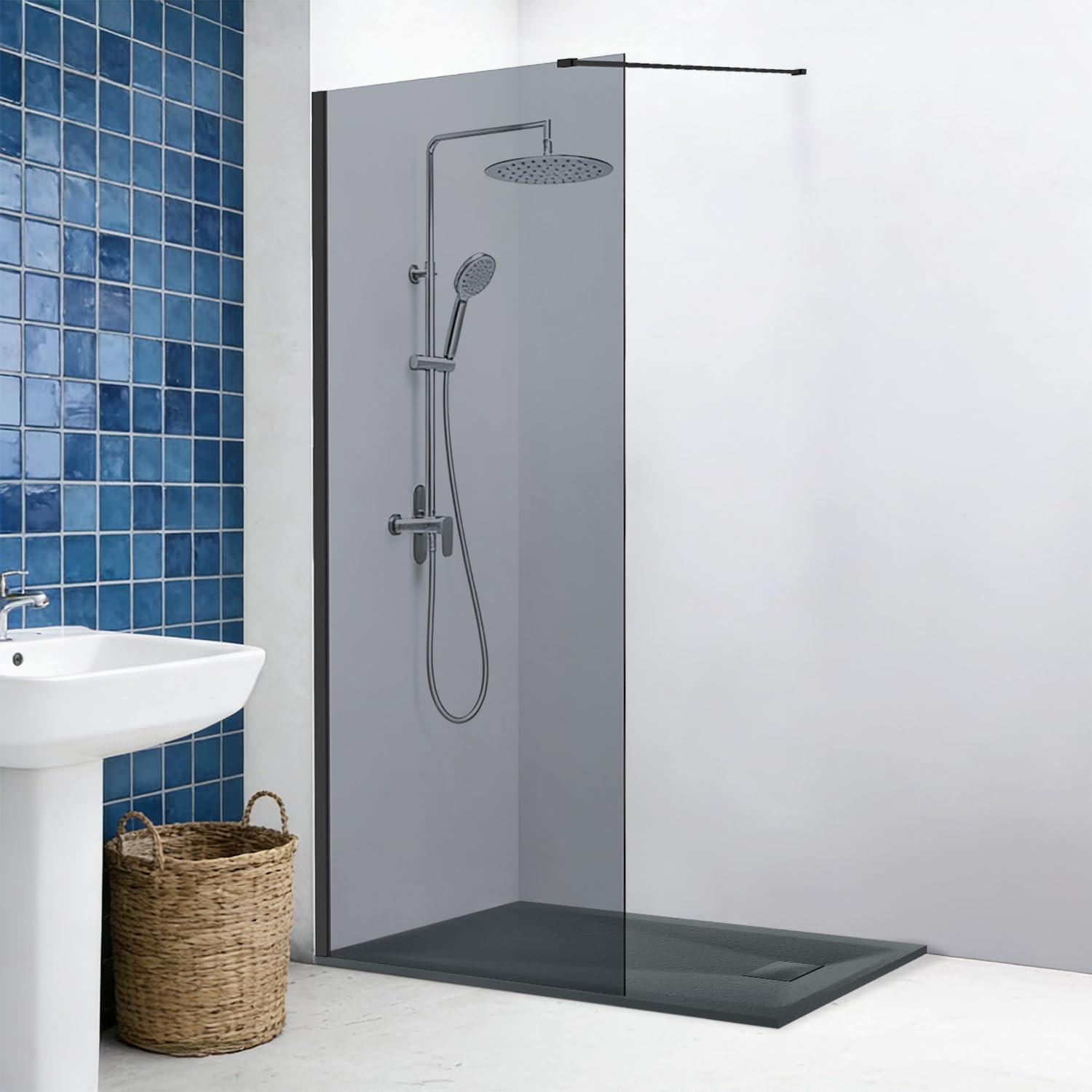 Nrg Anthracite 900X1950mm Grey Shower Enclosure 8Mm Easy Clean Glass Wet Room Screen Panel Door With 1400X800mm Smc Rectangle Shower Tray