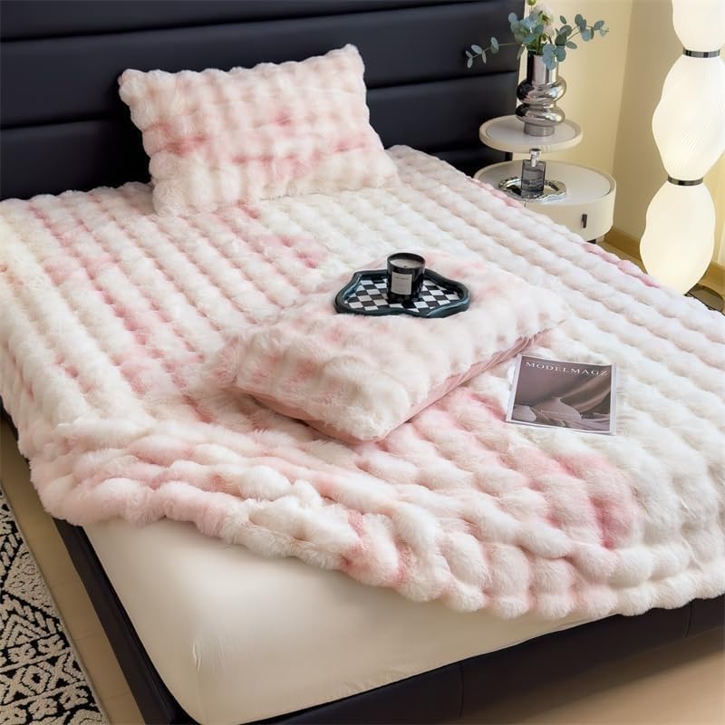 Milk Velvet Bedding Fitted Sheet Mattress Cover, Luxury Soft Fuzzy Bottom Sheet Velvet Fitted Faux Fur Bottom, Flannel Warm Tie Dyed Mattress Cover(Pink,King 70"x79")