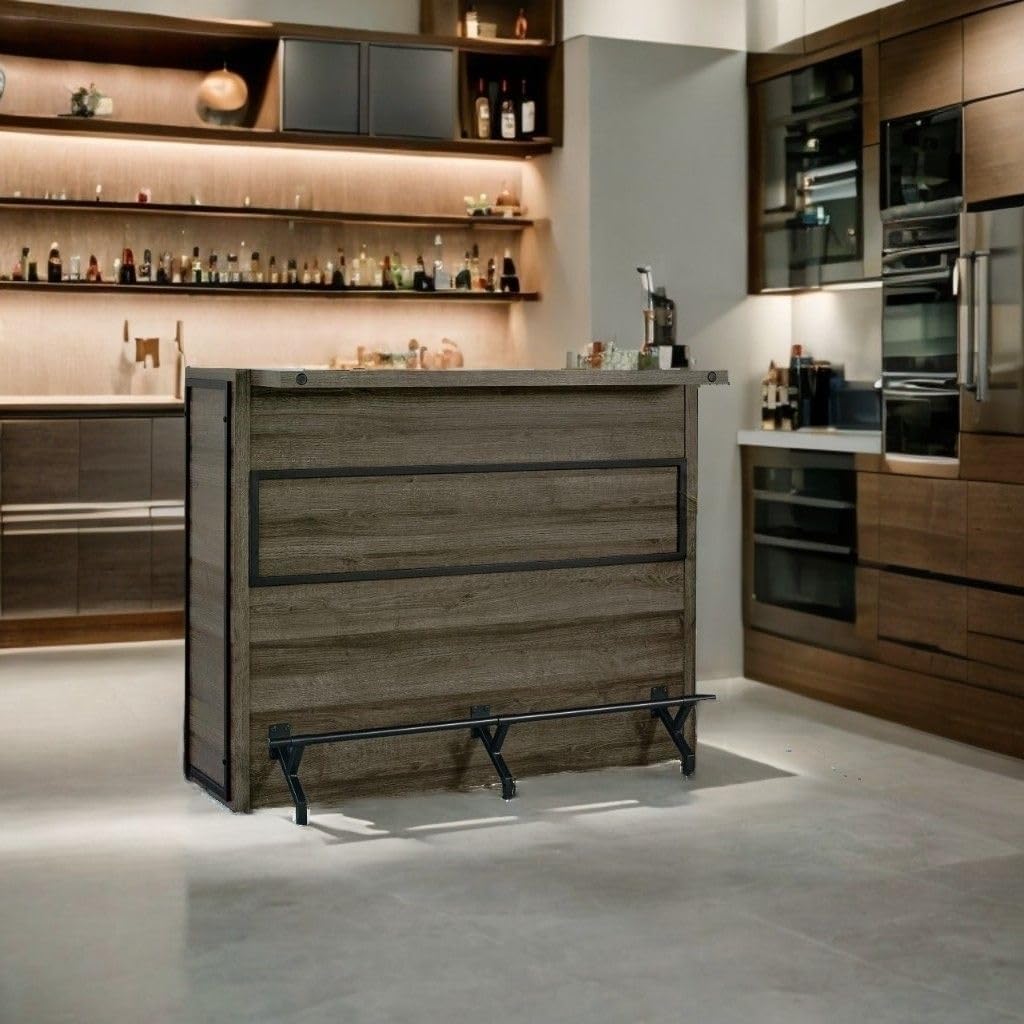 CARTESIAN Modern Home Bar Cabinet with Wine Storage, Rustic Gray Wood, Metal Footrest, Stemware Rack, 5 Shelves