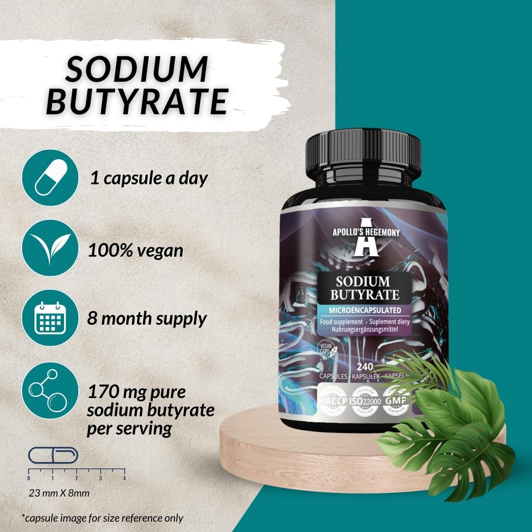 Butyrate de Sodium Haute Dose 580 mg (30% Acide Butyrique), 120 Capsules Végétales, 4 Mois, Supplément de Sodium pour Soutenir la Santé de l'Intestin - par Apollo's Hegemony