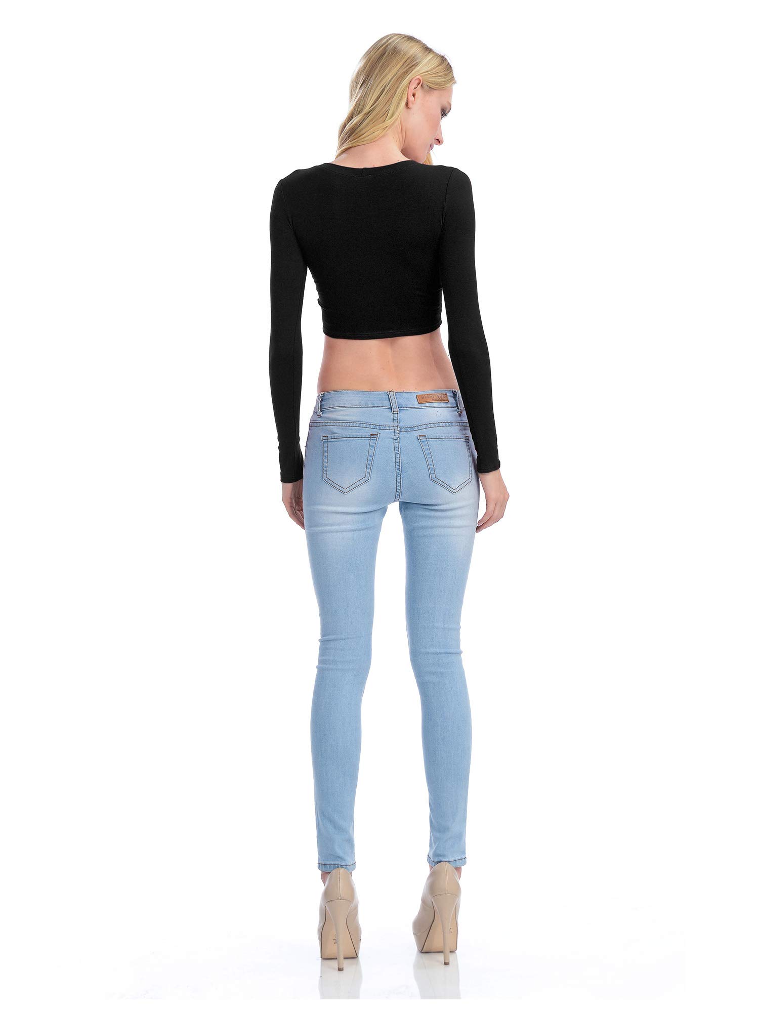 KOGMO Womens Long Sleeve Crop Top Solid Round Neck T Shirt: Medium 224_black