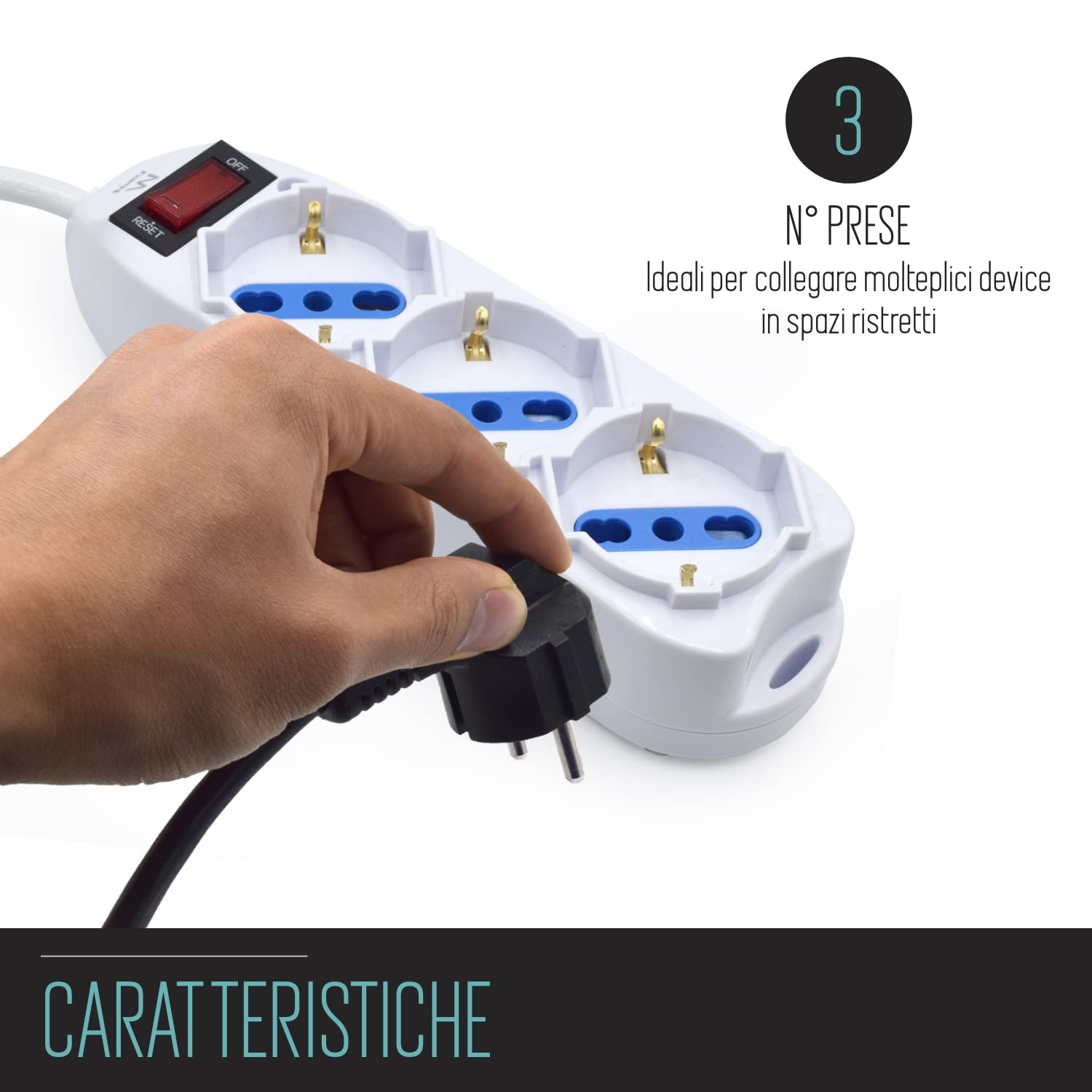 Multipresa a 3 Posti, Ciabatta Elettrica con 3 Prese Schuko/Tedesche e Italiane 10A/16A - Spina Italiana 10A - Potenza 250V/2500W - Cavo da 1,5 Metri, Prese Angolate a 45°