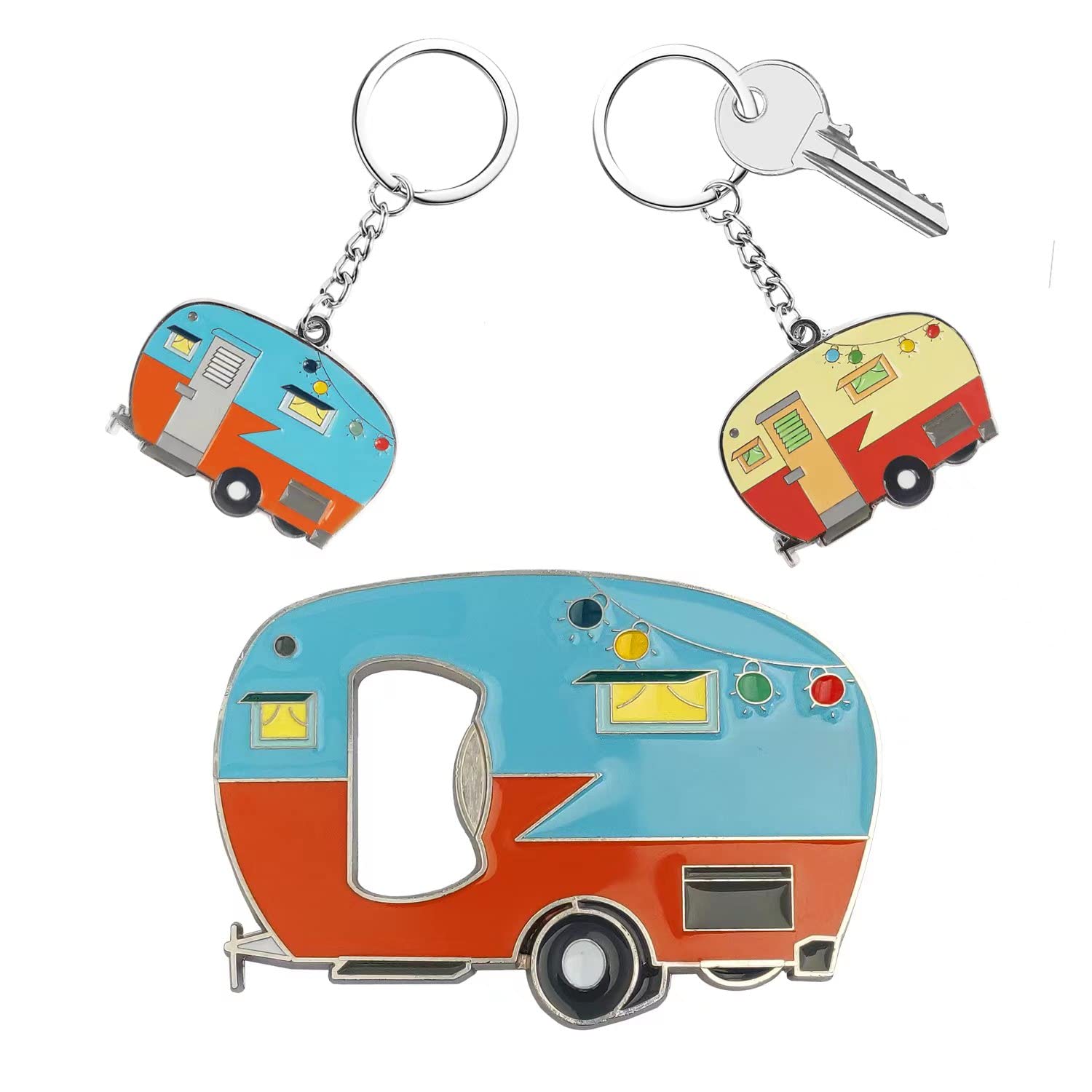 Haigoo Rv Keychain 2 Pack and Magnetic Beer Bottle Opener for Fridge with Cap Catcher, Great Camper Gift Set for Camper Lovers, Girlfriend, Boyfriend, Father