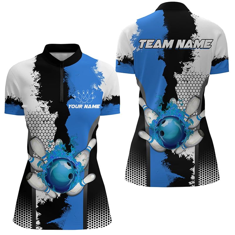 Schwarz-Weißes Bowling Liga Trikot mit Feuerdesign, Personalisiertes Herren & Damen Polo & Viertelreißverschluss Shirt, Geschenk für Bowlerinnen | Blau N7189