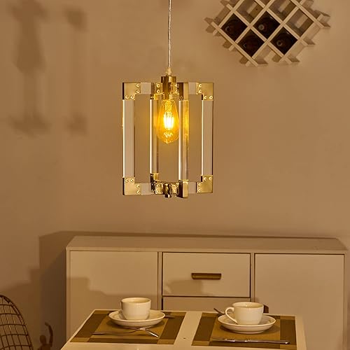 Miniatura 7 de Candelabro moderno dorado de 4 luces, lámpara colgante rectangular de latón transparente para comedor, dormitorio, vestíbulo y entrada