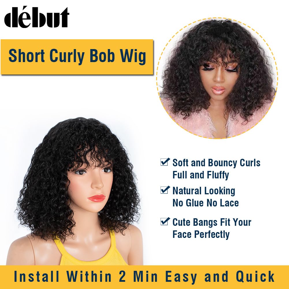 Parrucca dei capelli umani con frangetta, parrucca corta riccia Bob capelli veri Jerry Curl Bob per donne nere 150% densità non pizzo anteriore parrucca senza colla (30 cm, 1B)