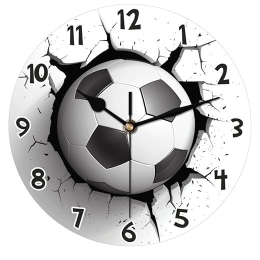3D Soccer Ball Wall Clock Battery Operated 10 in Round Wall Clocks Slilent Non Ticking Quartz