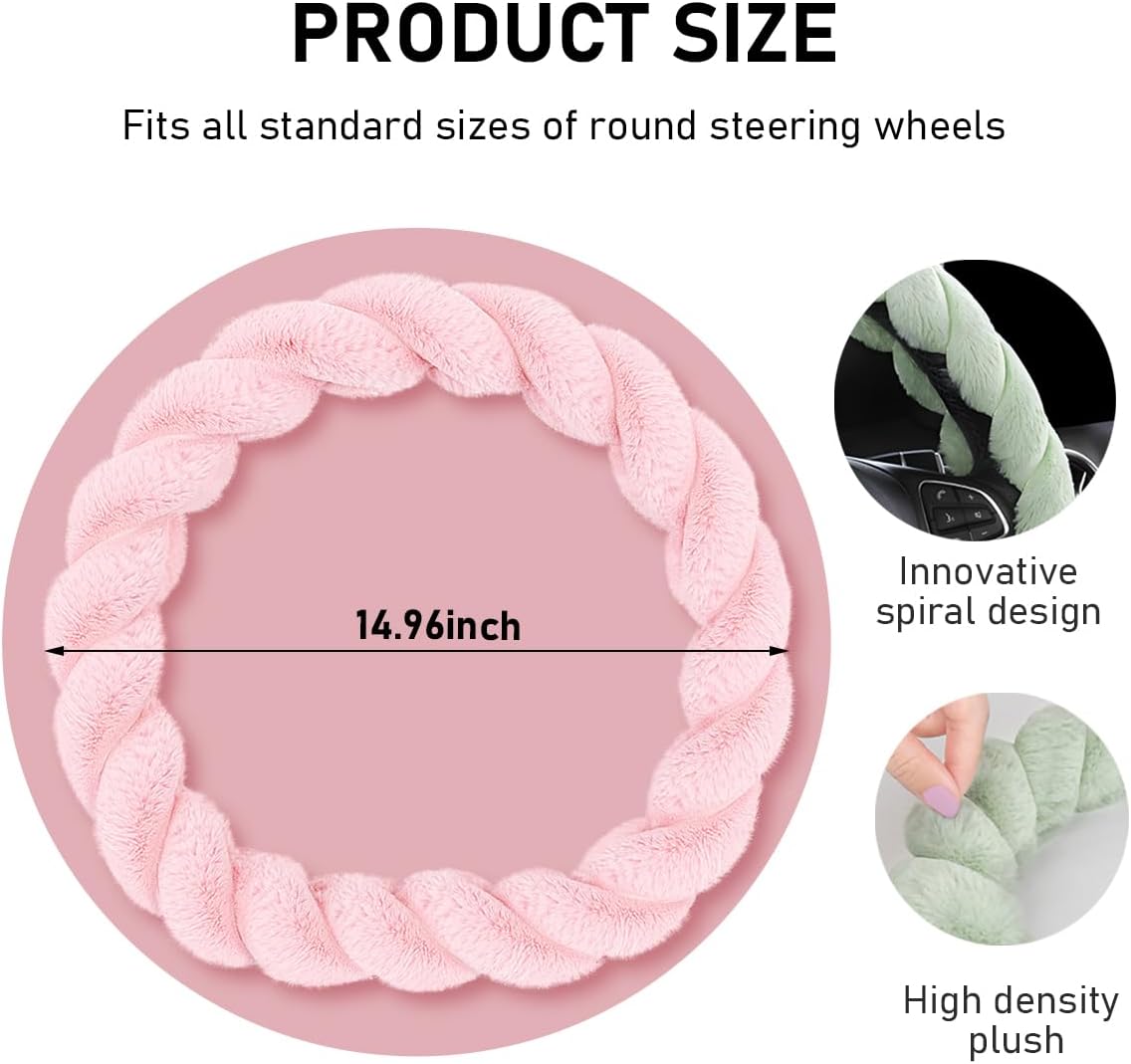 Fluffy Car Steering Wheel Cover, 15 Inches Anti-Slip Round Fuzzy Winter Steering Wheel Protector, Soft Warm Plush Steering Wheel Cover for Women Girls, Car Accessories (Pink, D-Shaped) - Image 2