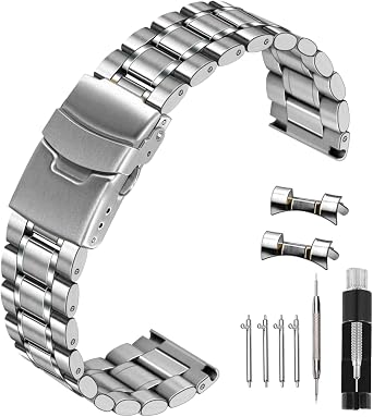 Kai Tian 20mm 22mm Stainless Steel Watach Bracelet, Silver Gold Two Ends Watch Strap for Men Women with Folding Clasp