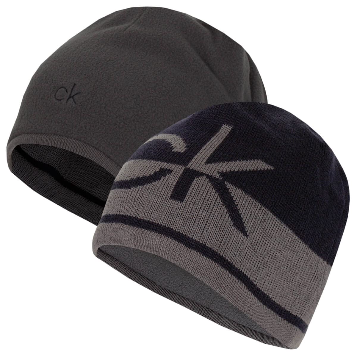 Calvin Klein (One Size, Navy/Charcoal) Mens 2021 Ck Logo Reversible Striped Knit Beanie Hat Blue