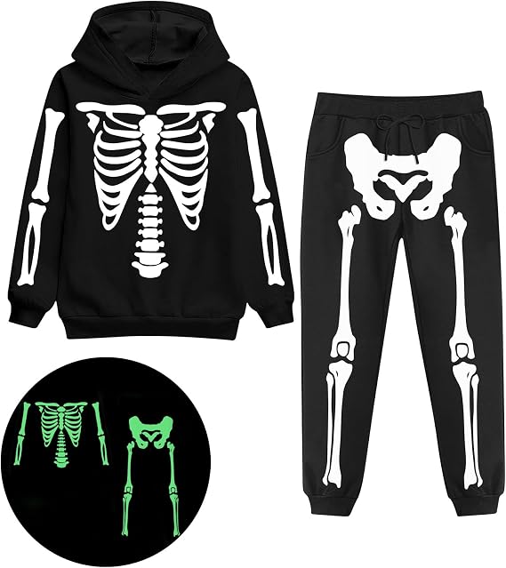 TUONROAD kids skeleton costumes Halloween Glow in The Dark Sets 5-12 Years
