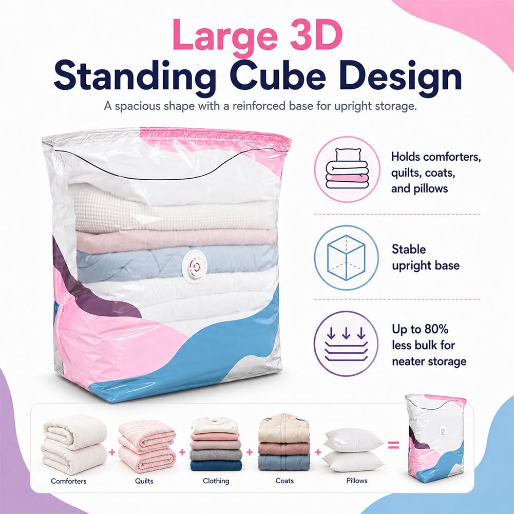 Large No-Pump 3d Vacuum Storage Bags, Life Space Creator Storage Bags, 3d Compression Storage Bag, Thickened Reusable Space Saver for Clothes Duvets, Bedding & Travel (M 4PCS)