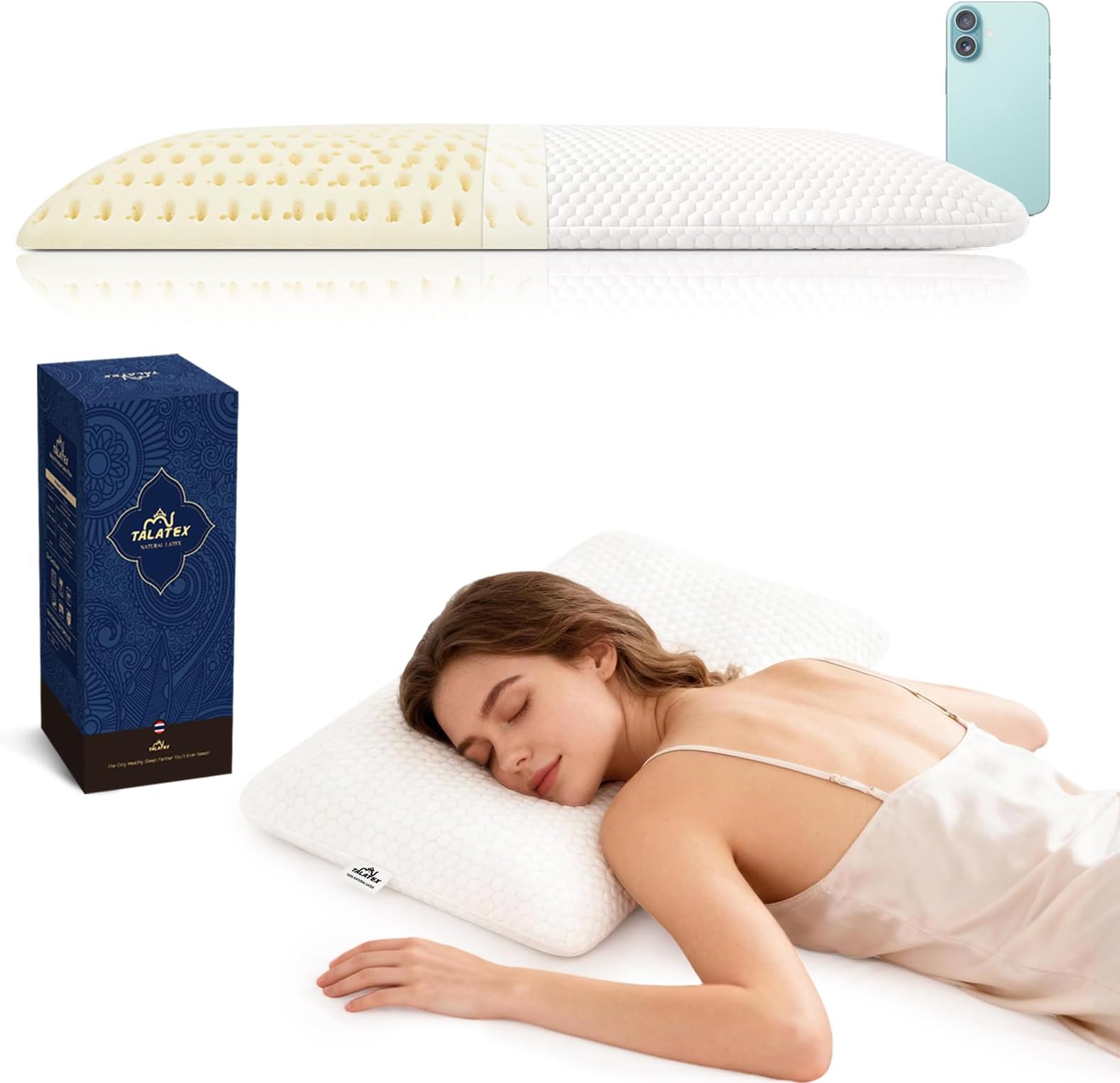 Natural Latex Thin Pillow for Stomach Sleepers | 7cm Slim Profile, Breathable & Ergonomic Design for Neck Pain Relief | Medium Firm Support | with Tencel Cover (Queen (28"×16"×2.6"), Medium)