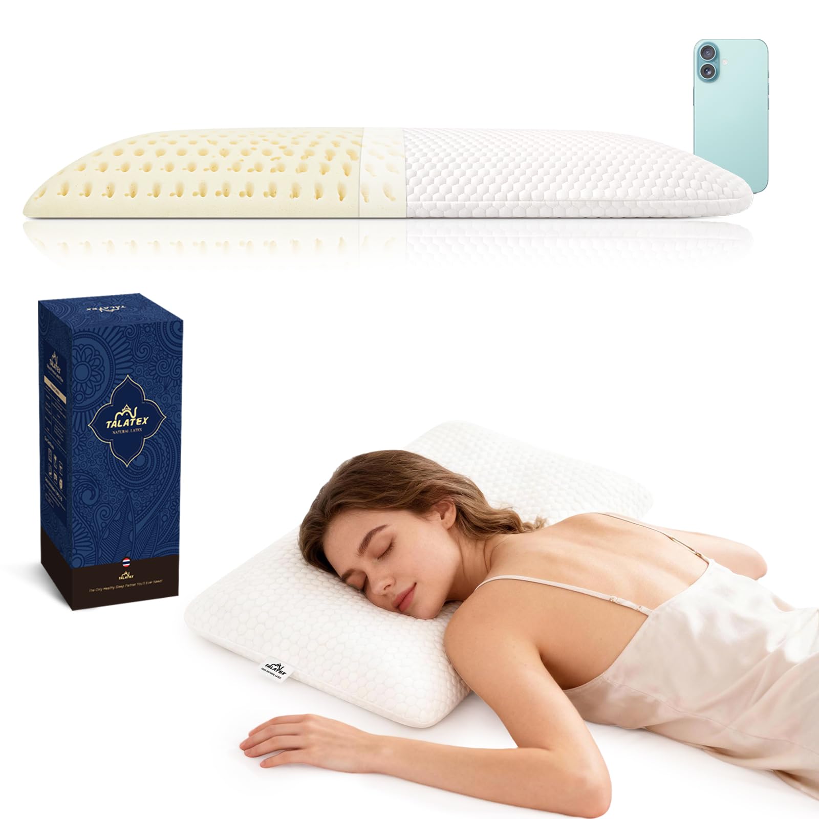 Natural Latex Thin Pillow for Stomach Sleepers | 7cm Slim Profile, Breathable & Ergonomic Design for Neck Pain Relief | Medium Firm Support | with Tencel Cover (Queen (28"×16"×2.6"), Medium)