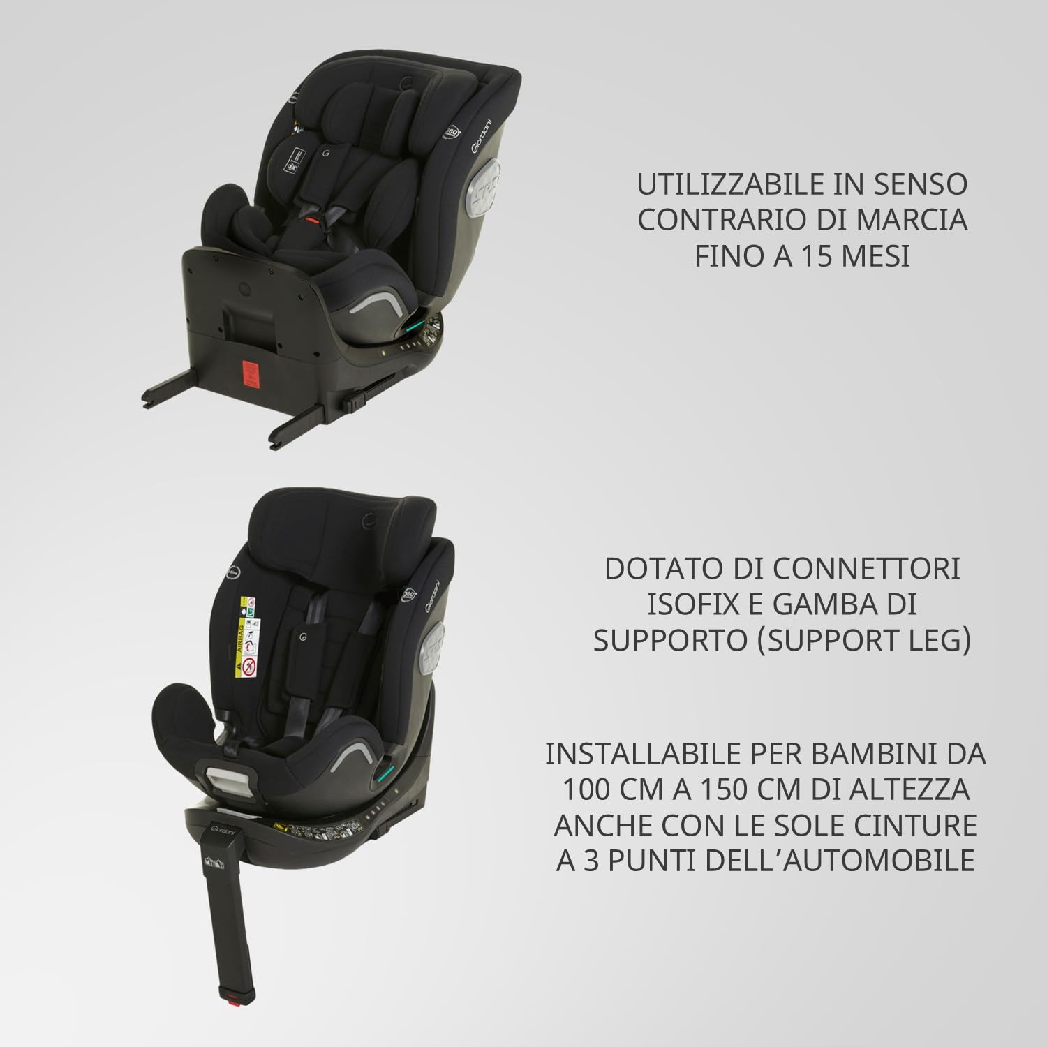 Giordani Andromeda Seggiolino Auto 40-150 cm i-Size, Base Girevole 360°, Isofix e Gamba di Supporto, con Riduttore Neonato e Sistema Harness Retainer, Evolutivo 0-12 Anni R129/03