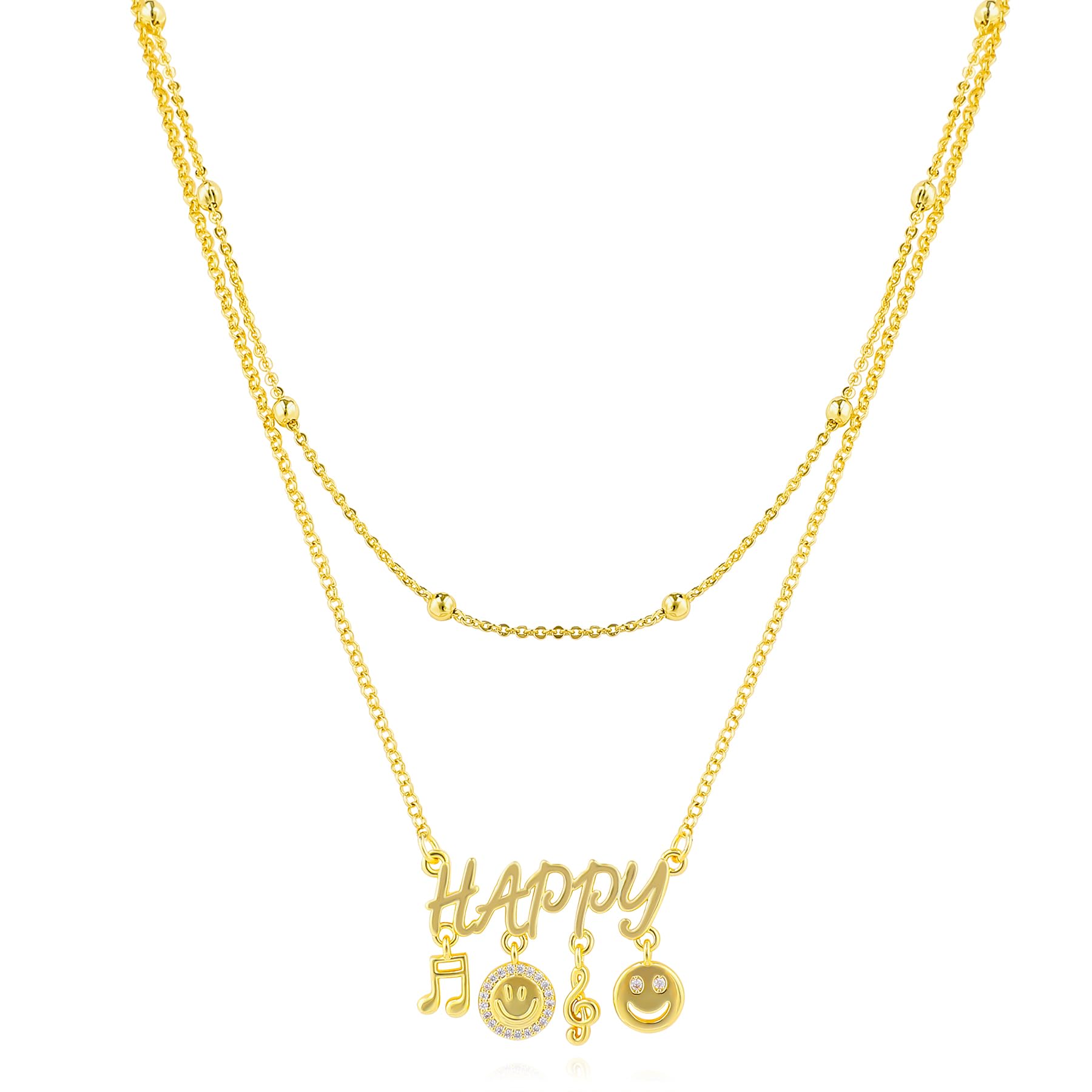 Layered Gold Letter Necklace for Women 14K Gold Plated Love Happy Free Pendant Necklace with Cute Cubic Zirconia Love Heart Smiley Face Bird Wing