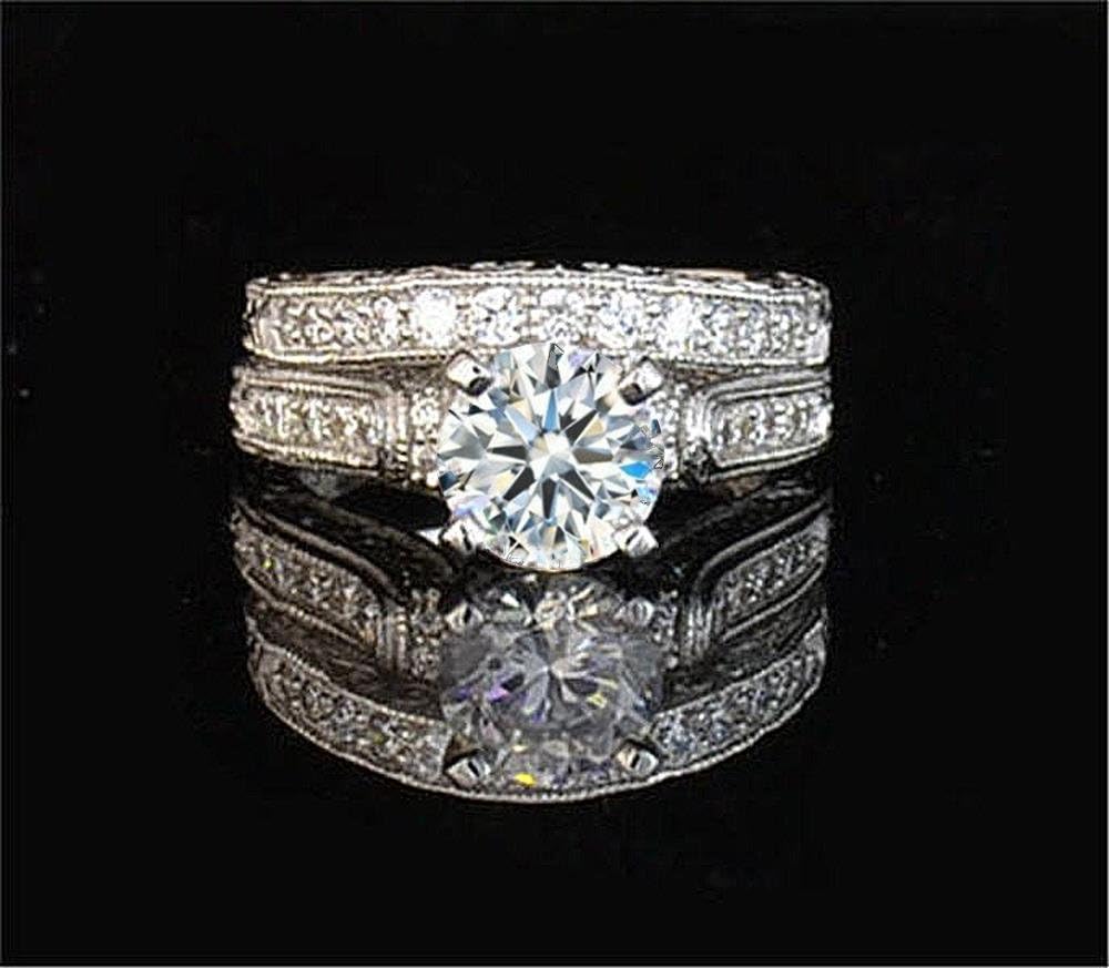 Venetia Top Grade Realistic Hearts and Arrows Cut 2 Carats Simulated Diamond Victorian Pave Ring Set 925 Silver Platinum Plated Cubic Zirconia cz shou6