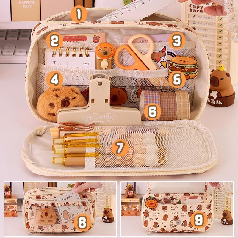 Image of Pencil Pouch for Girls - Aesthetic Multi-Compartment Zipper Pouch with Drawstring Pocket, Cute Kawaii Pencil Case, Stylish Stationery Pouch, Return Gift for Kids & School Use (Hello Capy)