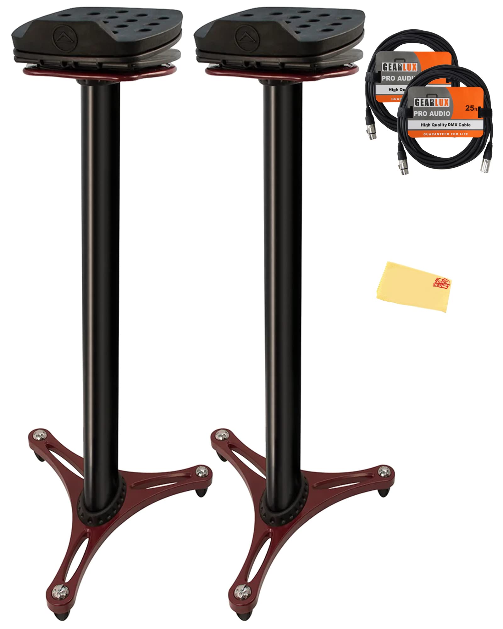 Ultimate Support MS-100R Studio Monitor Stand Pair in Red - Bundle with 2 Speaker Cables and Austin Bazaar Polishing Cloth