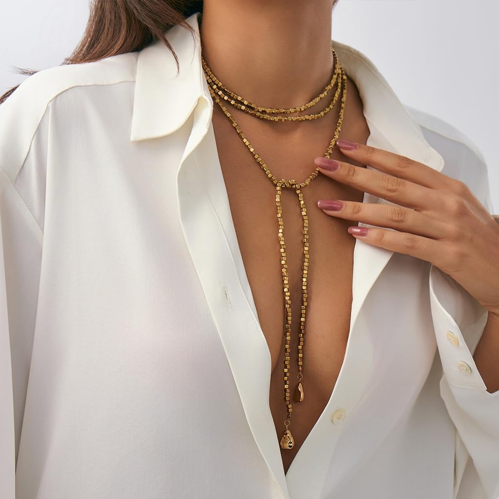 Gold Long Necklace for Women,Gold Beaded Long Chain Necklaces,Vintage Layered Pearl Strand Y Necklace Statement Jewelry