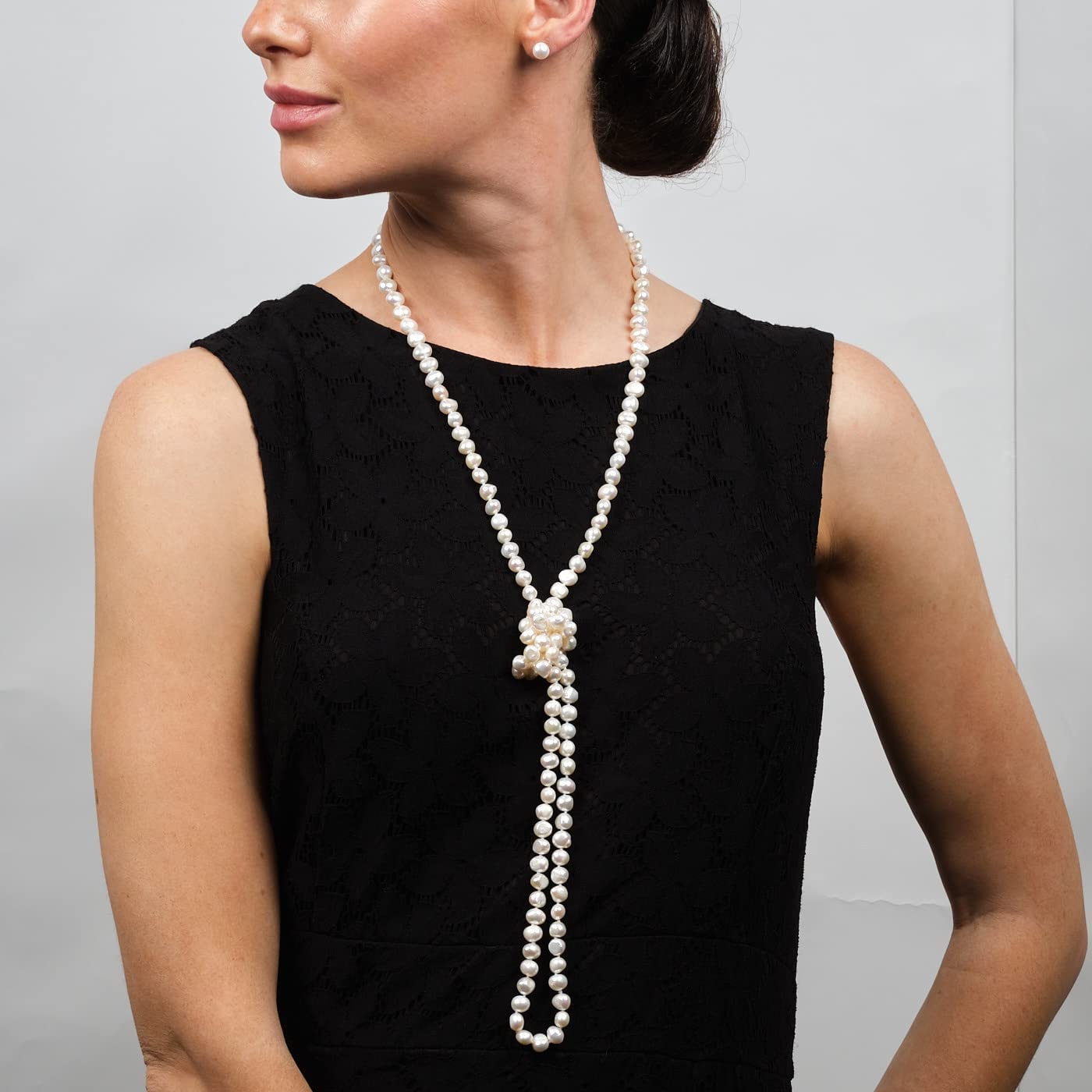 Treasure Bay Elegante collar de cuerda de perlas barrocas de agua dulce de 7 a 8 mm para mujer, 120 cm de largo, cadena de perlas multicapa hecha a mano, blanco, negro, rosa o gris