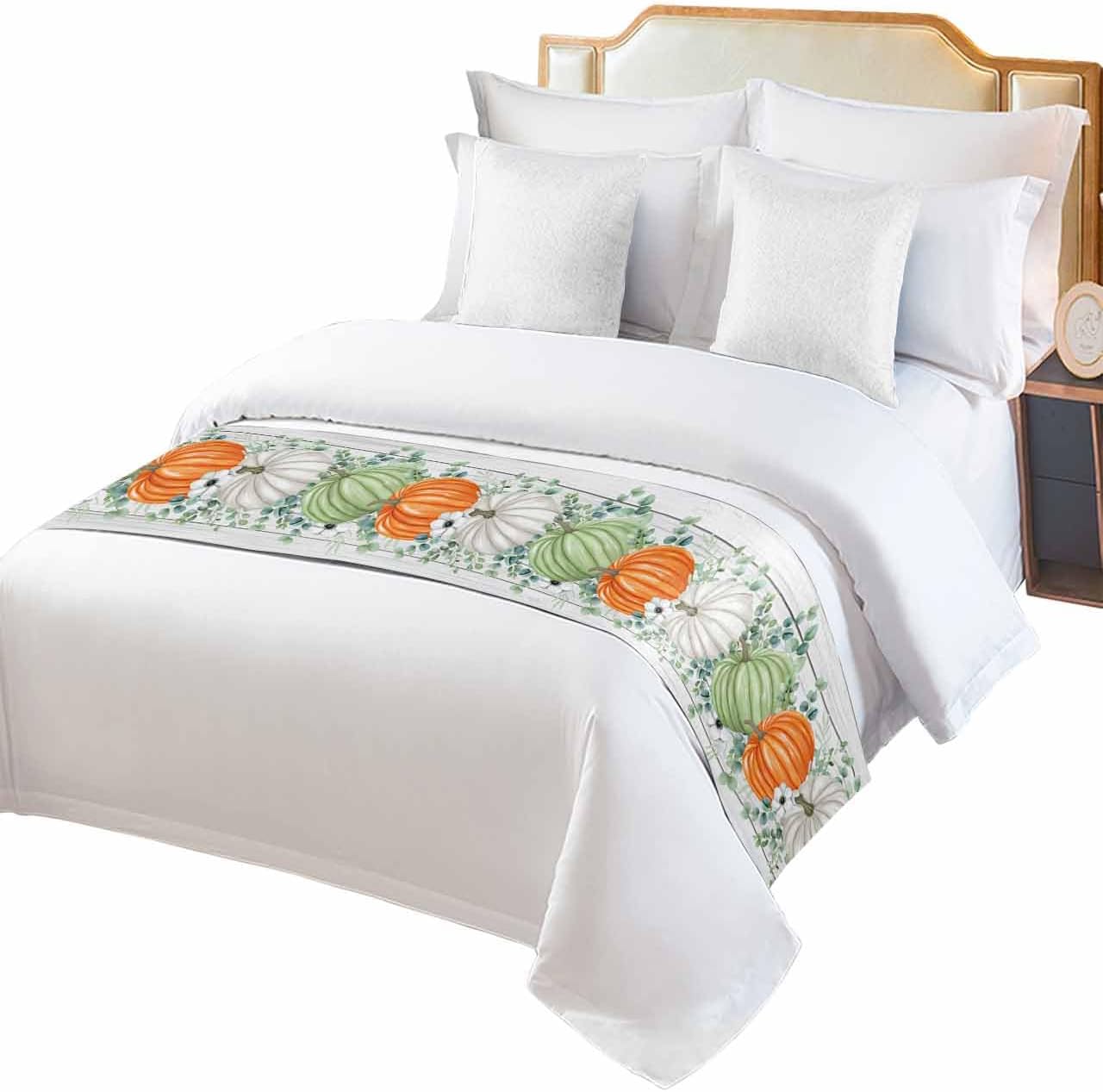 Fall Bed Runner Scarf Full Queen Size, Orange Green Pumpkin Thanksgiving Eucalyptus Wood Luxury Bed Throw Runners & Scarves for Twin Full Queen King Foot of Bed, Bedroom Hotel Decoration, 83"x20"