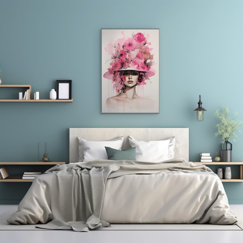 Canvas for Living room. Whimsical Elegance in Pastel: Enigmatic Eyes Beneath a Floral Pink Hat, 27 x 18 inch Canvas Wall Art - Contemporary Masterpieces - Botanical Home Decor - 69x46 cm (27x18 inch)