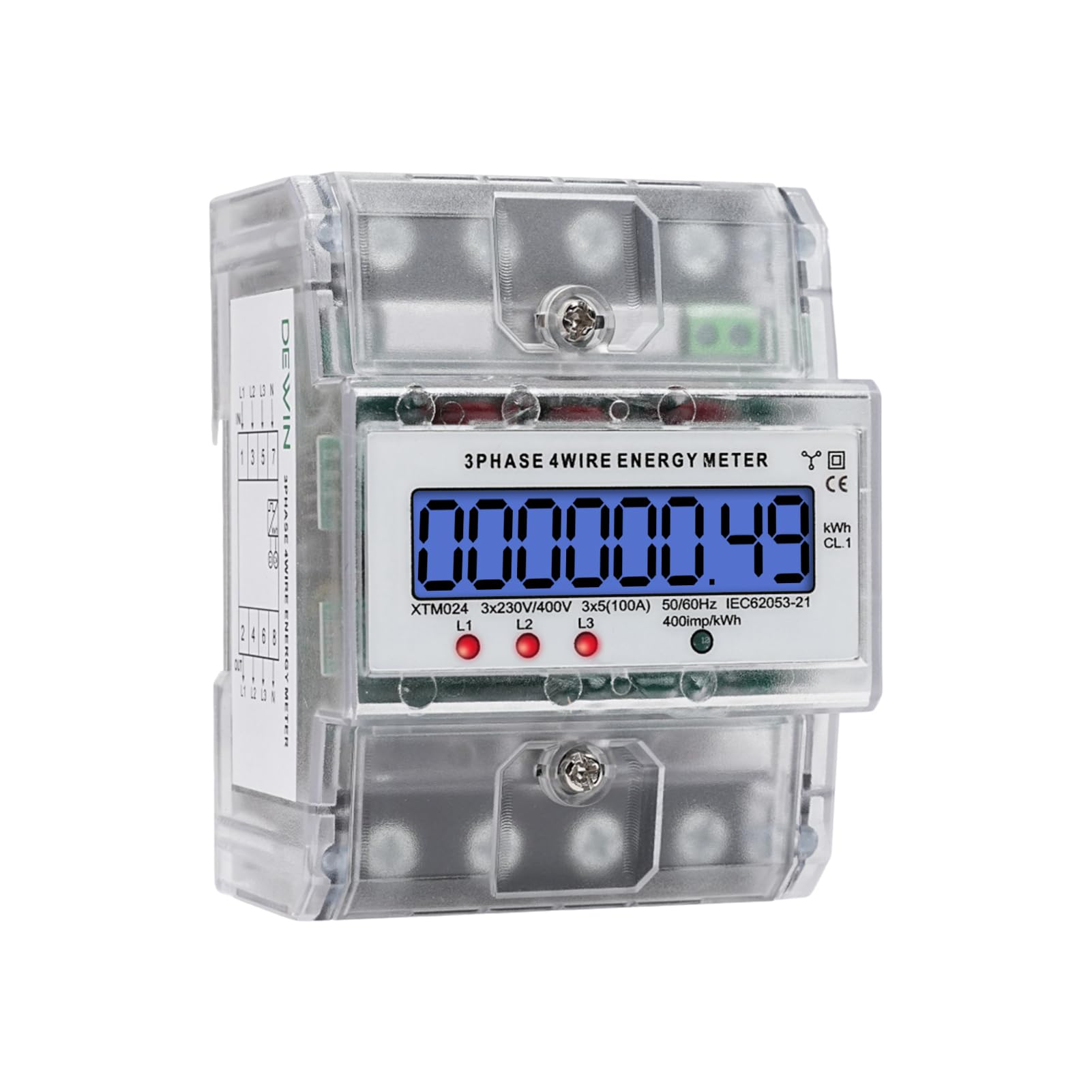 Contatore Energia Elettrica Trifase a 4 fili, Misuratore di Consumo Elettrico Trifase 220/380V 5(100)A Contatore Elettrico Trifase Digitale LCD su Guida DIN per Monitorare la Potenza Attiva, 5(100)A