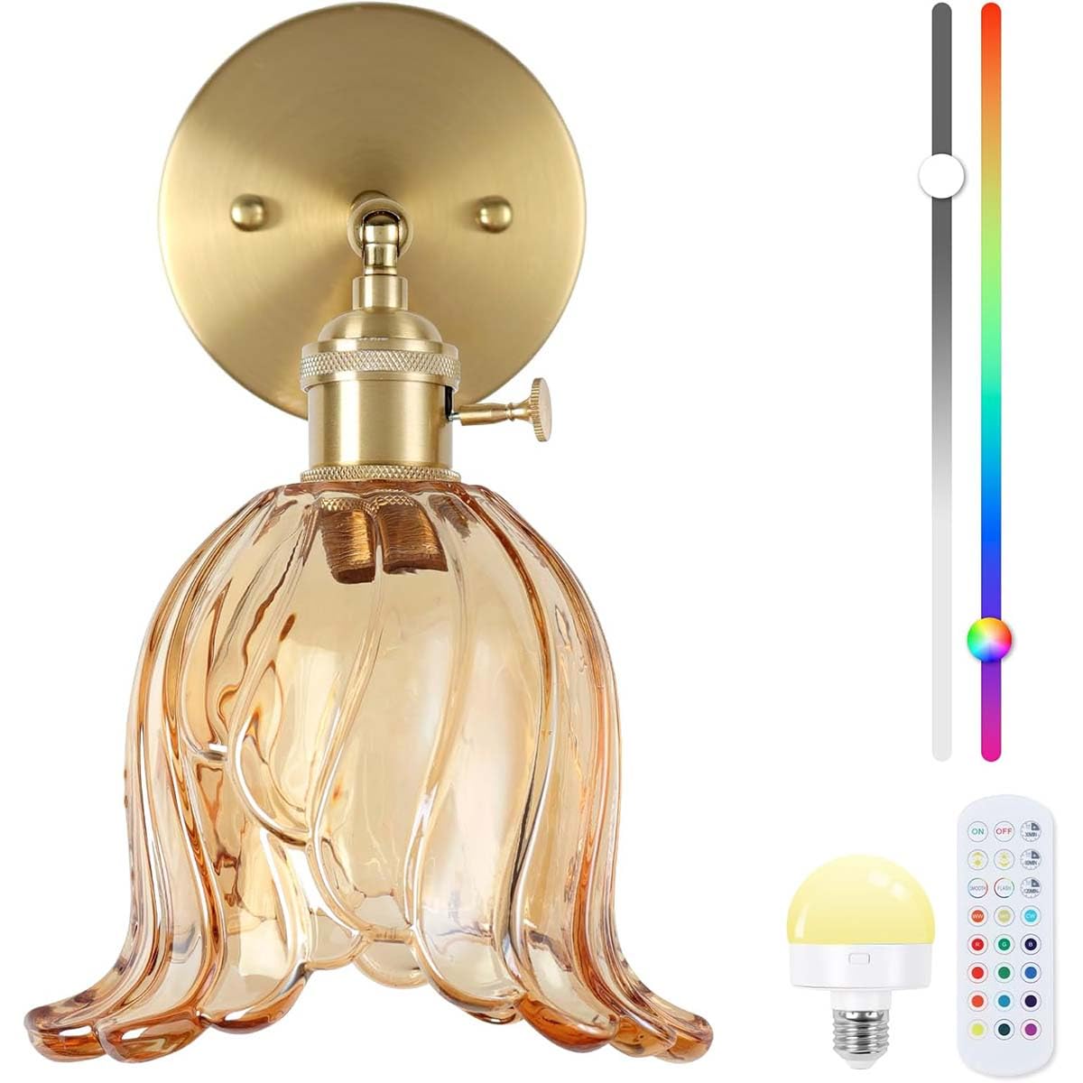 Lámpara de pared dorada recargable para interiores, estilo retro, con casquillo E27, RGB regulable y mando a distancia, inalámbrica, para mesita de noche, ajustable, con cristal verde, aplique de par
