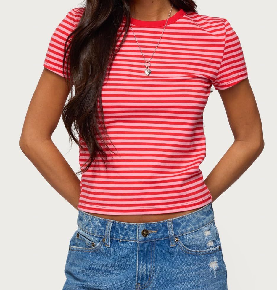 Image of Cute Striped Graphic Tees for Women Y2k Short Sleeve Preppy Teen Crop Tops