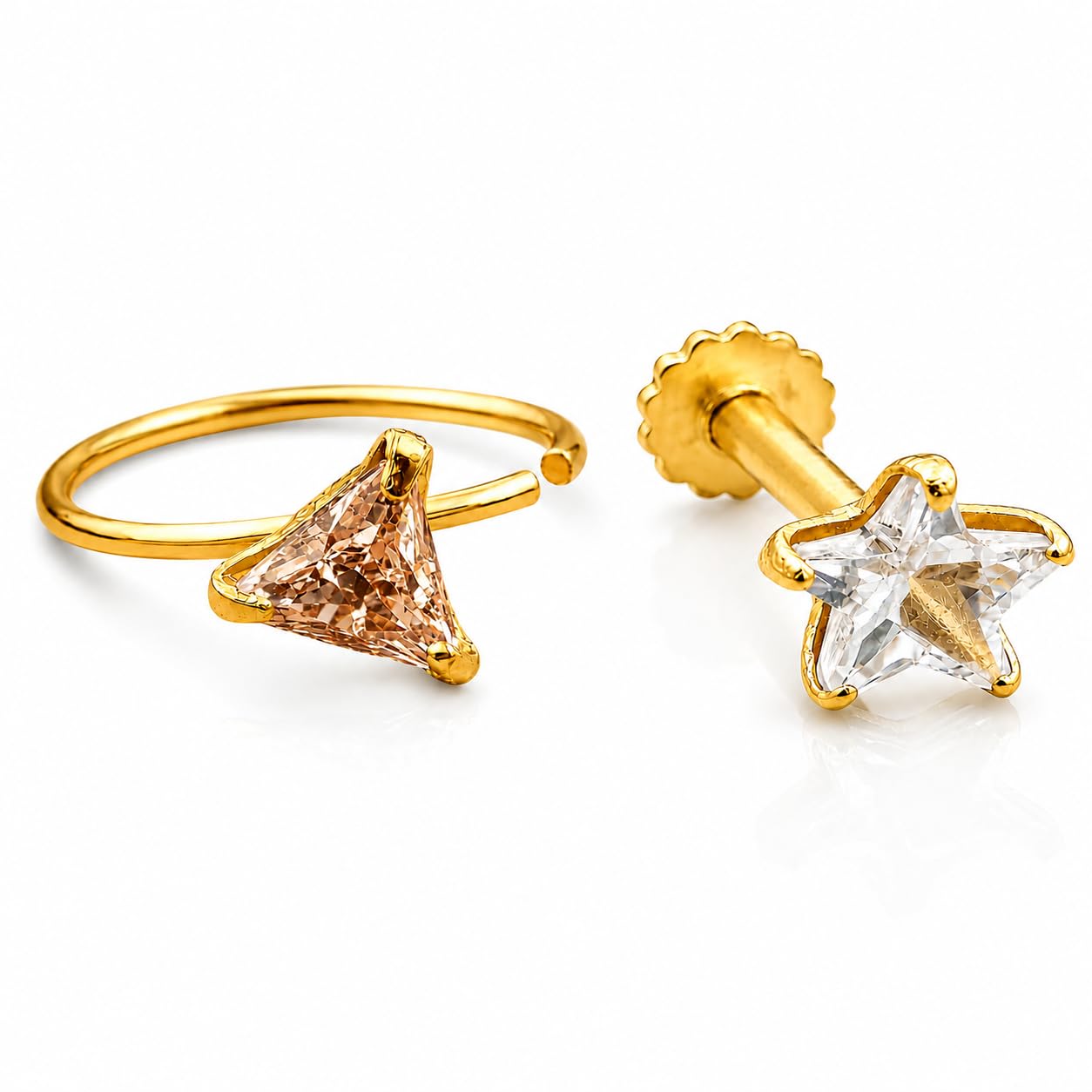 Fashion Flick & Mystic Glow Combo Gold Plated Nose Ring and Star Shape Nose Stud for Women Stylish Copper Stone CZ Crystal Artificial Jewellery-image-24