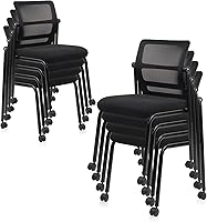CLATINA 8 Pack Stacking Mesh Office Chairs with Adjustable Backrest & Wheels - Armless Stackable Guest Reception Waiting Room Chairs, Black