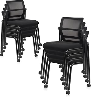 CLATINA 8 Pack Stacking Mesh Office Chairs with Adjustable Backrest & Wheels - Armless Stackable Guest Reception Waiting Room Chairs, Black