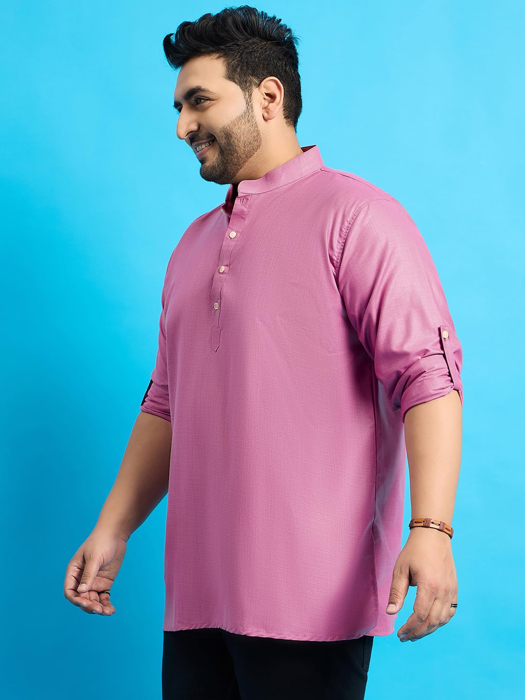 Bigbanana Plus Size Men's Regular Fit Solid Short Kurta (Pollan-Pink,Pink,4Xl)