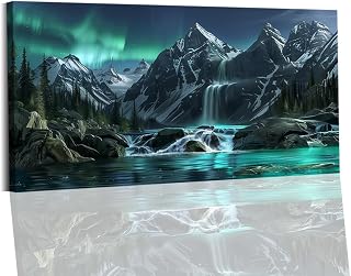 Aurora Waterfall Canvas Wall Art Night Landscape Waterfall Pool Picture Wall Art Northern Lights Scenery Painting Prints for Home(Waterfall-4,20x40inch (50x100cm))
