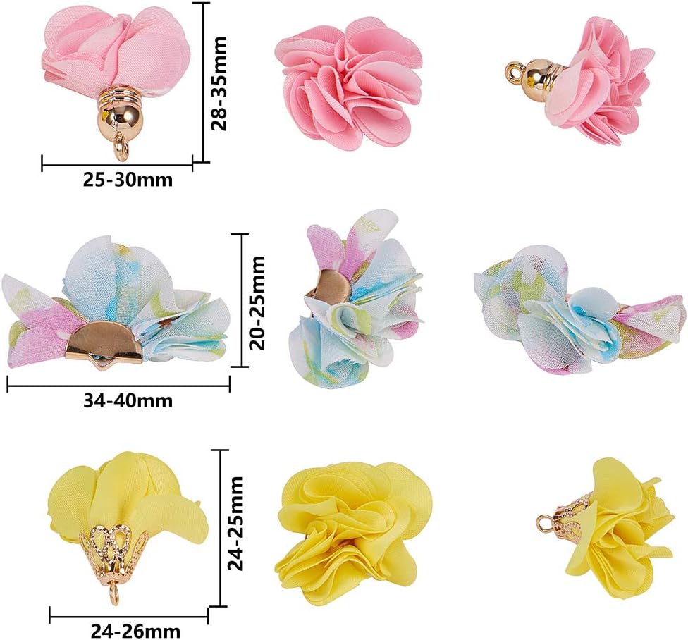 SUNNYCLUE 60pcs 3 Style 3D Cloth Flower Charms Pendants Fabric Floral Petal Tassel with Acrylic Caps Key Chain for Jewelry Making - Image 3