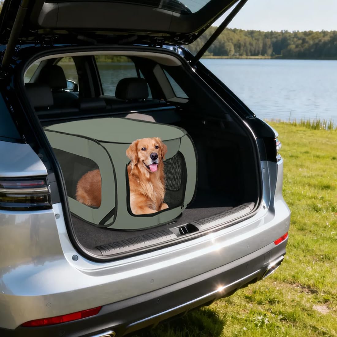 Faltbare Auto Hund und Katzentransportbox 92x52x52cm aus wasserdichtem Oxford Stoff für Tiere bis 30kg, doppeltürige belüftete Transporttasche für Autofahrt Camping Tierarzt Weiß