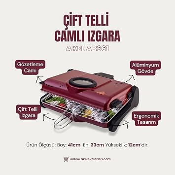 AKEL AB661 1200 W Bordo Elektrikli Izgara, Kokusuz ve Dumansız Mangal, Barbekü