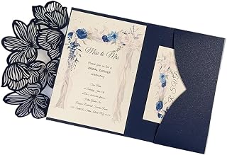 LIUHLFSR Kit de 50 Tarjetas de invitación de Boda con Tres Pliegues, Cortadas con láser, de Color Verde, Azul Marino y Hojas, con Funda de Bolsillo con Hojas Personalizada(Blue,Laser Cover Only)