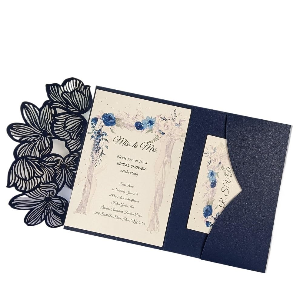 Hochzeitseinladung 50 Lasergeschnittene Dreifach Gefaltete Hochzeitseinladungskarten Mit Grünen Und Blauen Blättern, Personalisierte Blatttasche für die Party(Blue,Cover and envelope)