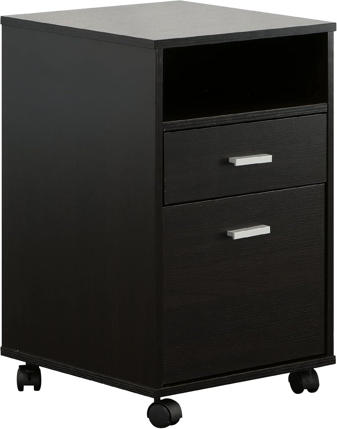 Benzara 25-Inch 2-Drawer Wood File Cabinet, Printer Stand with Open Cubby, Rolling Caster Wheels, Dark Brown